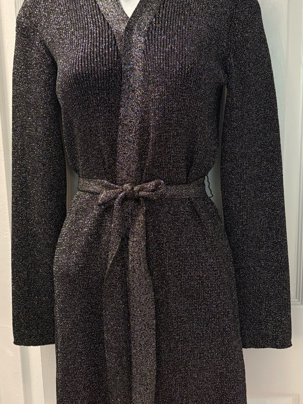 Sparkle Knit Long-Sleeve Belted Dress - Black